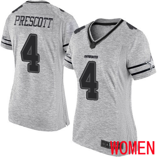 Women Dallas Cowboys Limited Gray Dak Prescott #4 Gridiron II NFL Jersey->nfl t-shirts->Sports Accessory